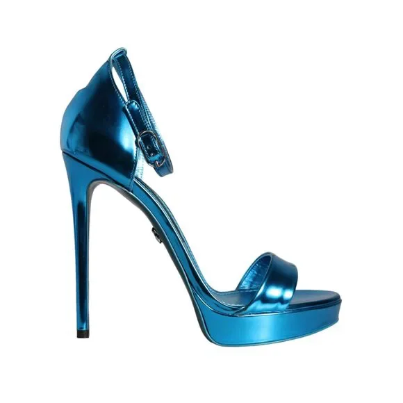 Dolce & Gabbana Metallic Blue Leather Keira Sandals Shoes